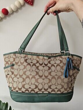 Coach F23297 Park Carrie Tote Jacquard Canvas & Dark Green Leather